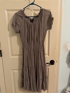 Vivid Aura Boho Tiered Short-Sleeve Midi Dress in Taupe